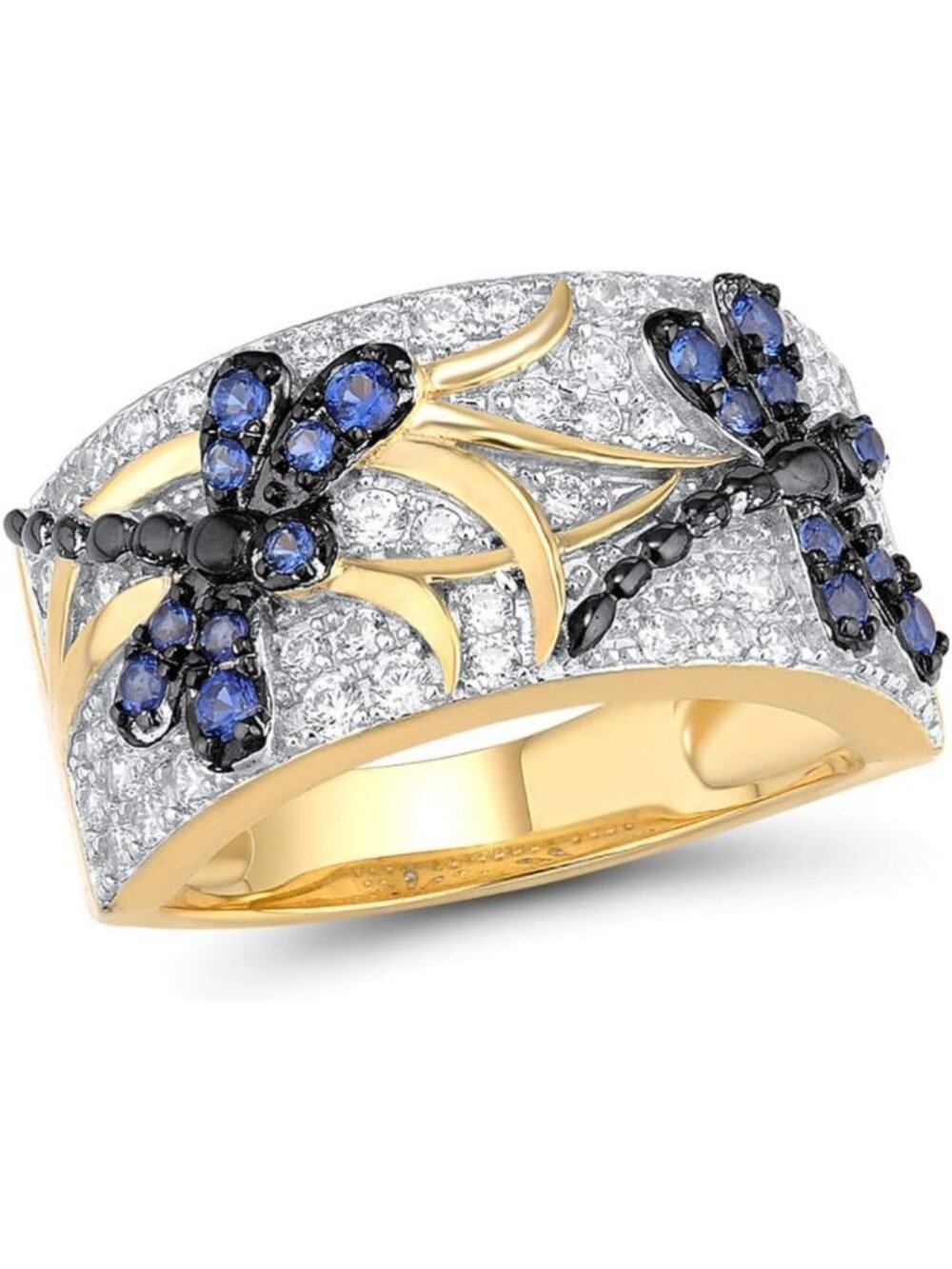 14K Gold Plated Dragonfly & Butterfly Ring with Cubic Zirconia, Sterling Silver